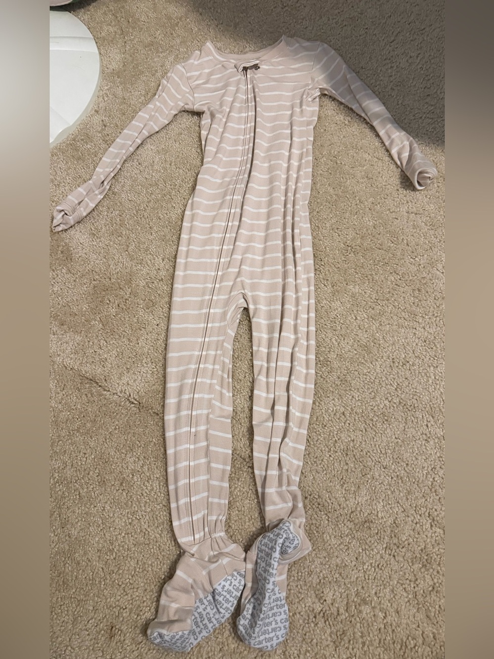 Carter's Beige and White Striped Zip-Up Footed Pajamas